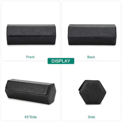 Saffiano Genuine Leather 3-Slot Watch Roll Case - Portable Hexagon Watch Storage Box