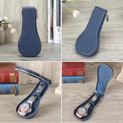 Genuine Saffiano Leather Single Slot Watch Case with Zipper - Portable Travel Watch Organizer