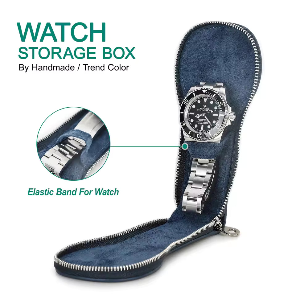 Genuine Saffiano Leather Single Slot Watch Case with Zipper - Portable Travel Watch Organizer