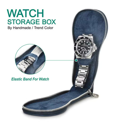 Genuine Saffiano Leather Single Slot Watch Case with Zipper - Portable Travel Watch Organizer