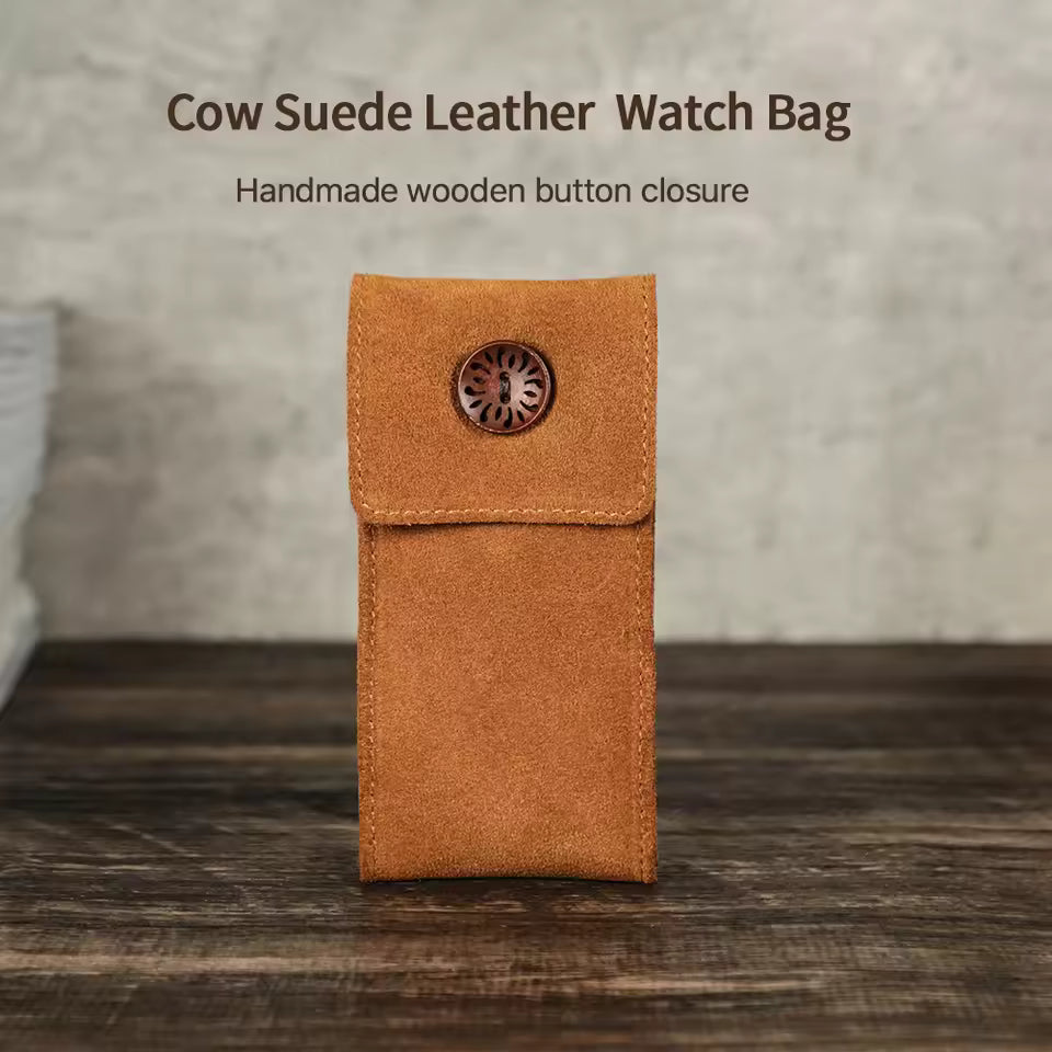 Cow Suede Leather Single Slot Snap Watch Case - Anti-Dust Watch Pouch for Men & Women