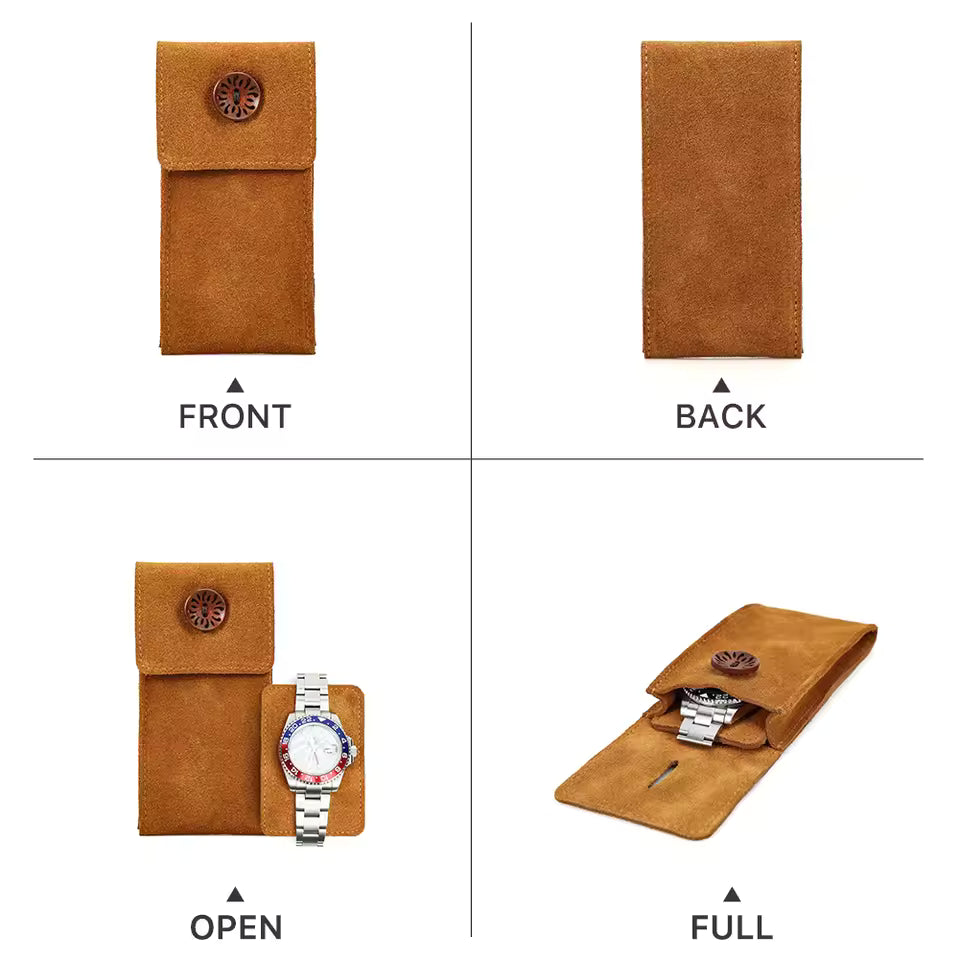 Cow Suede Leather Single Slot Snap Watch Case - Anti-Dust Watch Pouch for Men & Women