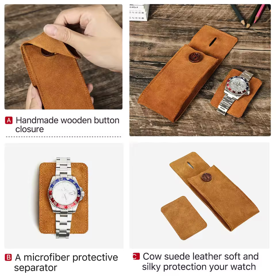 Cow Suede Leather Single Slot Snap Watch Case - Anti-Dust Watch Pouch for Men & Women
