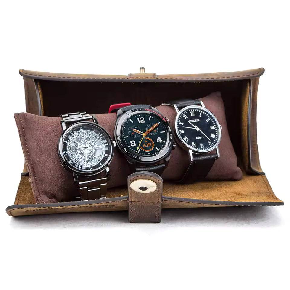 Genuine Leather 3-Slot Watch Roll Case - Portable Watch Holder Gift for Men & Women