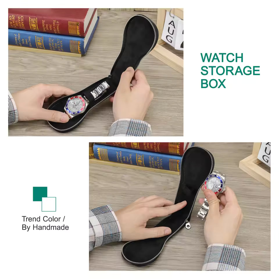 Genuine Saffiano Leather Single Slot Watch Case with Zipper - Portable Travel Watch Organizer