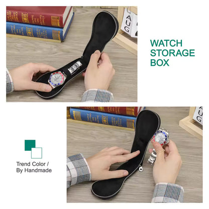 Genuine Saffiano Leather Single Slot Watch Case with Zipper - Portable Travel Watch Organizer