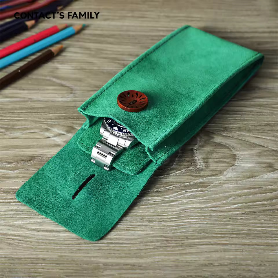 Cow Suede Leather Single Slot Snap Watch Case - Anti-Dust Watch Pouch for Men & Women