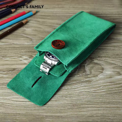 Cow Suede Leather Single Slot Snap Watch Case - Anti-Dust Watch Pouch for Men & Women