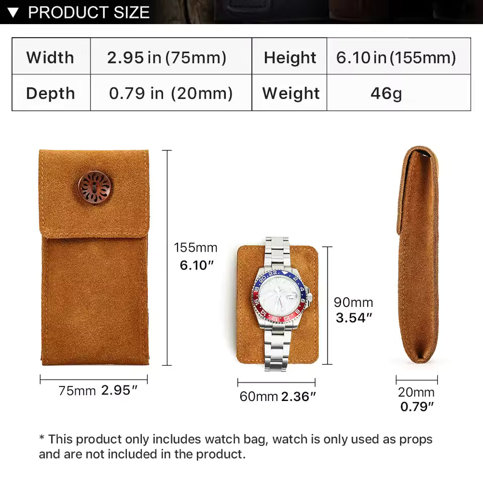 Cow Suede Leather Single Slot Snap Watch Case - Anti-Dust Watch Pouch for Men & Women