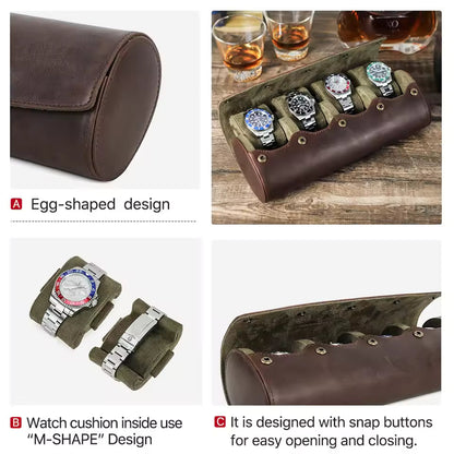 Cowhide Leather 4-Slot Watch Roll Case - Portable Travel Watch Organizer