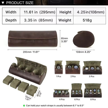Cowhide Leather 4-Slot Watch Roll Case - Portable Travel Watch Organizer