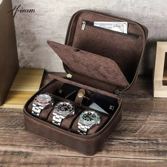 Genuine Leather 3-Slot Watch Box with Sunglasses Compartment - Travel Portable Organizer