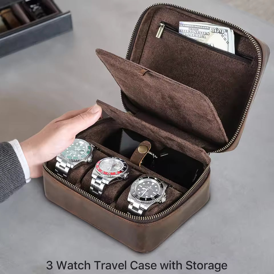 Genuine Leather 3-Slot Watch Box with Sunglasses Compartment - Travel Portable Organizer