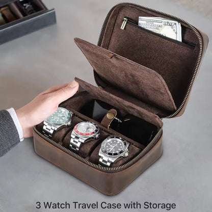 Genuine Leather 3-Slot Watch Box with Sunglasses Compartment - Travel Portable Organizer