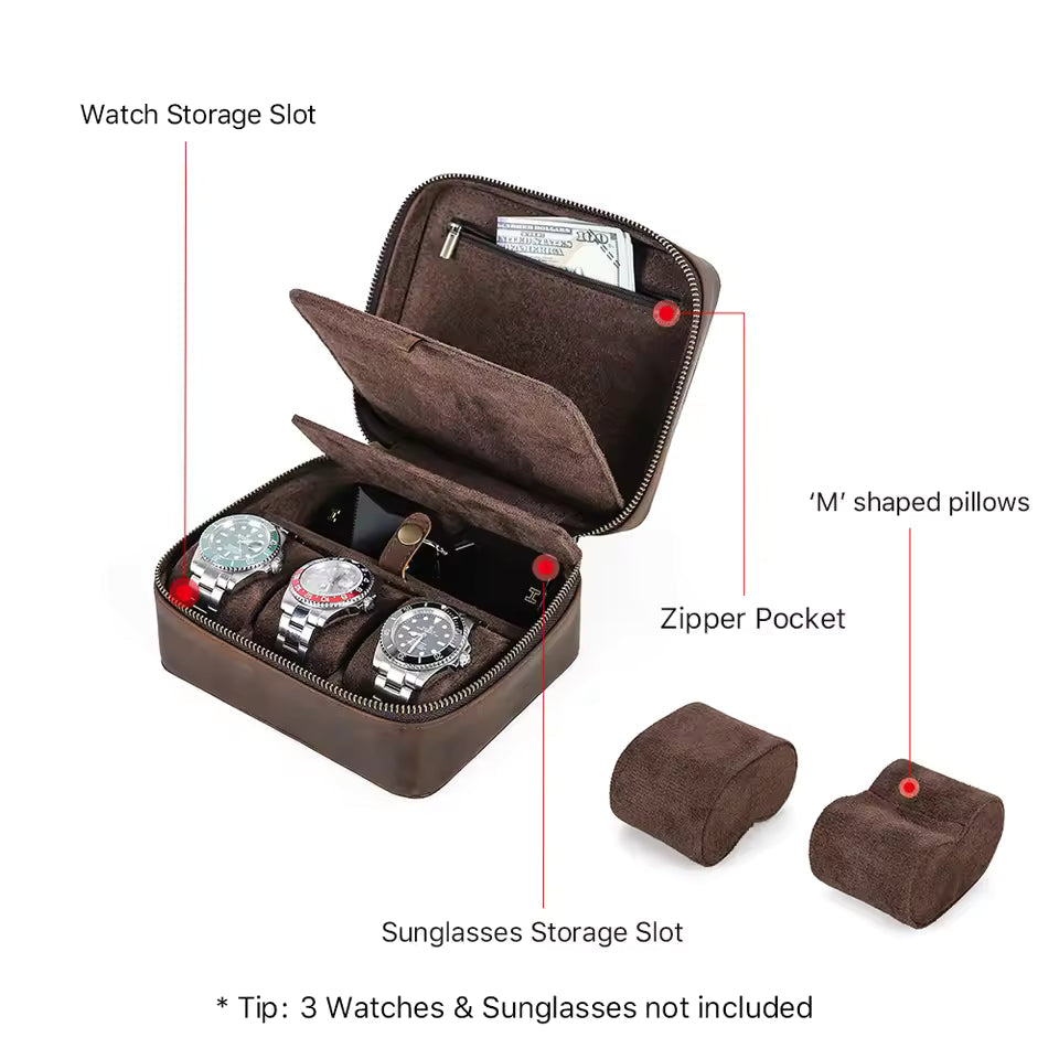 Genuine Leather 3-Slot Watch Box with Sunglasses Compartment - Travel Portable Organizer