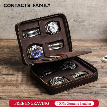 Crazy Horse Cowhide Leather 1/4 Slots Watch Case - Portable Watch Box with Card Holder Pocket