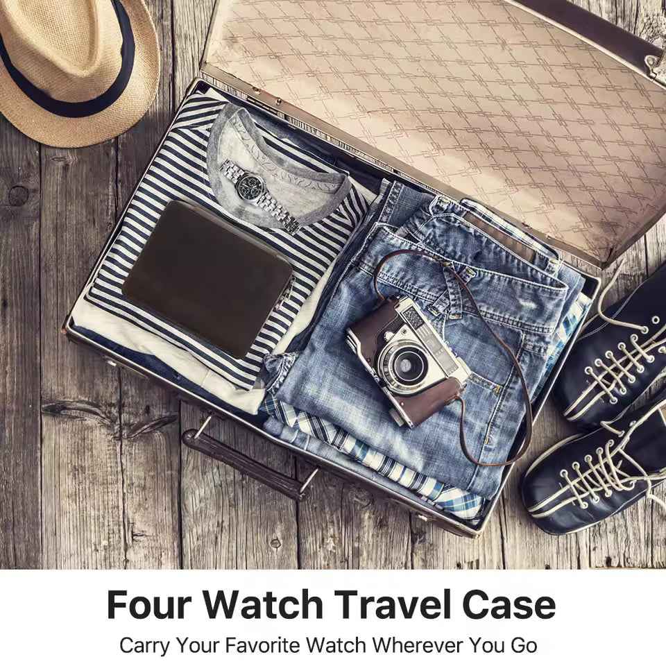 Crazy Horse Cowhide Leather 1/4 Slots Watch Case - Portable Watch Box with Card Holder Pocket