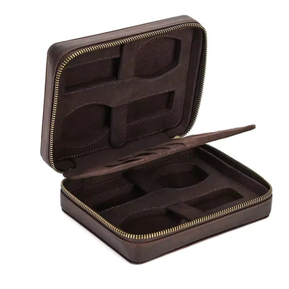 Crazy Horse Cowhide Leather 1/4 Slots Watch Case - Portable Watch Box with Card Holder Pocket