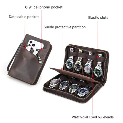 Crazy Horse Genuine Leather 8-Slot Zipper Watch Case - Travel Portable Watch Storage