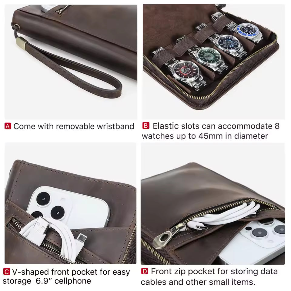 Crazy Horse Genuine Leather 8-Slot Zipper Watch Case - Travel Portable Watch Storage
