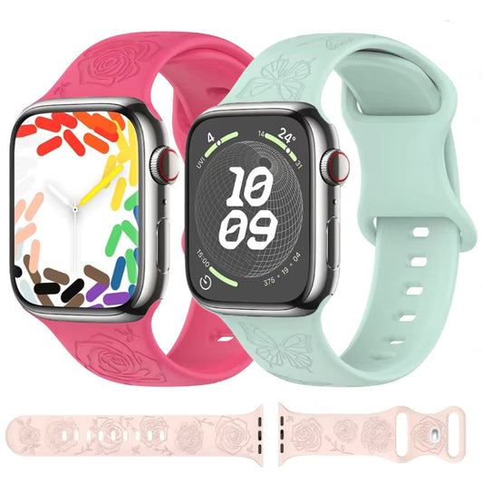 Engraved Pattern Silicone Strap for Apple Watch Band iWatch Series 10/9/8/7/Ultra2/6/5/4/SE2