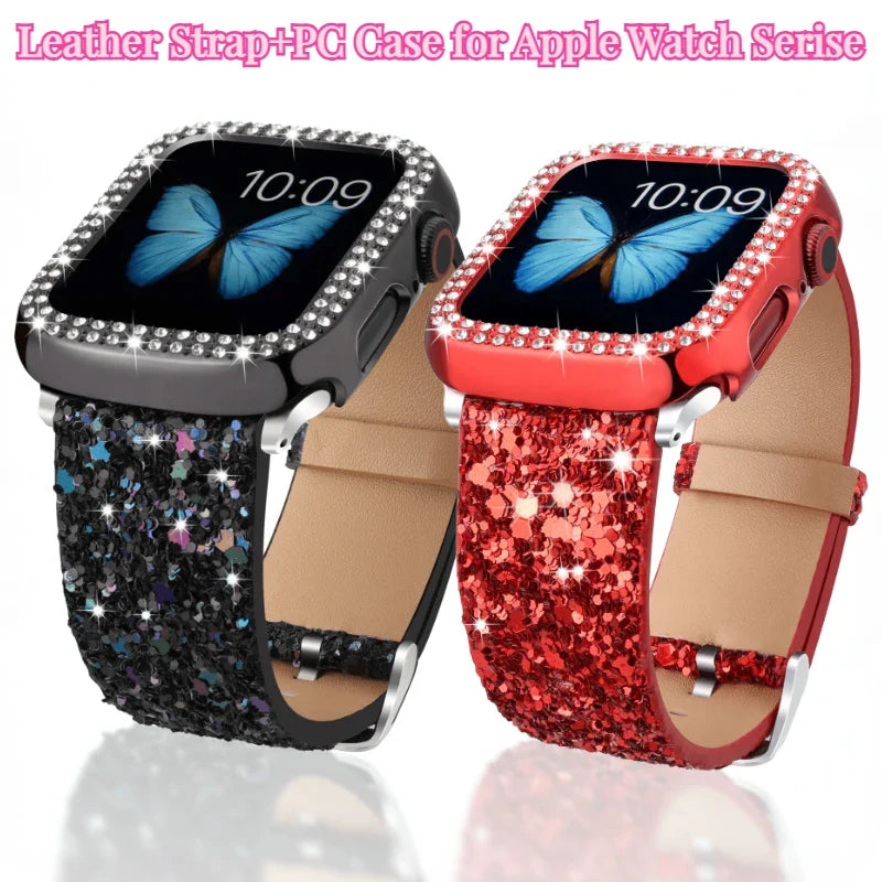 Fashion Shiny Fragments Leather Strap+PC Case for Apple Watch Band iWatch Series Ultra/9/8/7/6/5/4/SE