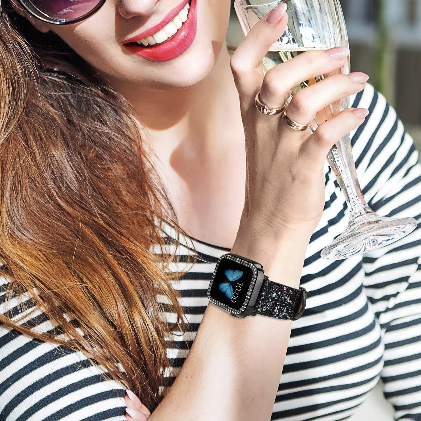 Fashion Shiny Fragments Leather Strap+PC Case for Apple Watch Band iWatch Series Ultra/9/8/7/6/5/4/SE