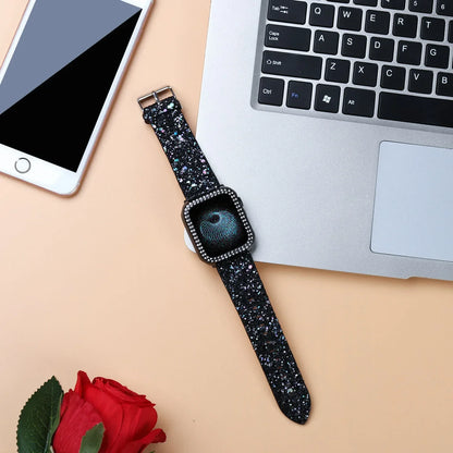 Fashion Shiny Fragments Leather Strap+PC Case for Apple Watch Band iWatch Series Ultra/9/8/7/6/5/4/SE