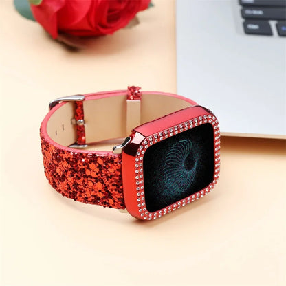 Fashion Shiny Fragments Leather Strap+PC Case for Apple Watch Band iWatch Series Ultra/9/8/7/6/5/4/SE