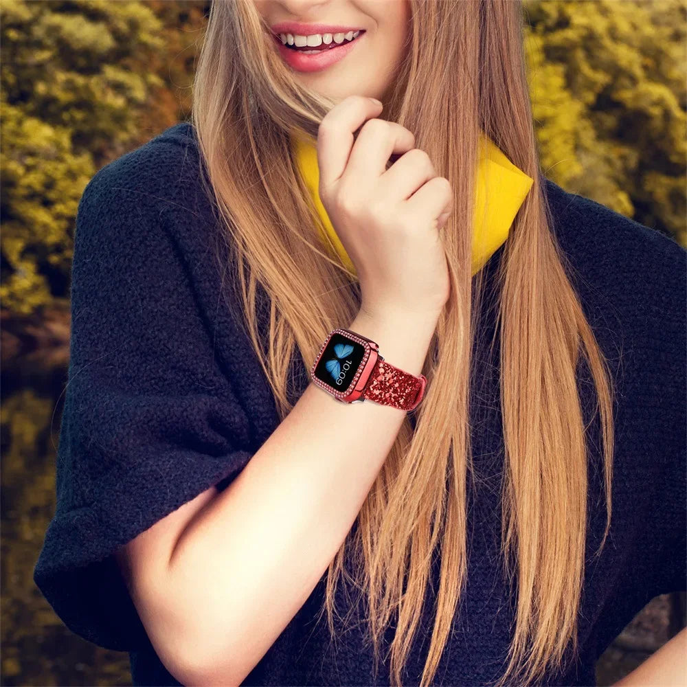 Fashion Shiny Fragments Leather Strap+PC Case for Apple Watch Band iWatch Series Ultra/9/8/7/6/5/4/SE