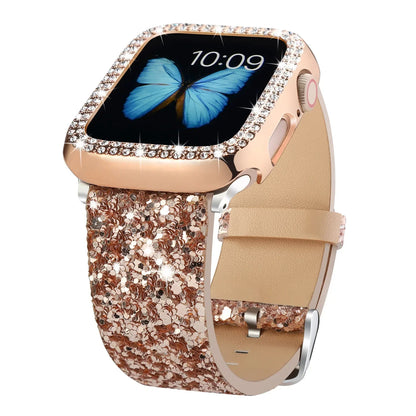 Fashion Shiny Fragments Leather Strap+PC Case for Apple Watch Band iWatch Series Ultra/9/8/7/6/5/4/SE