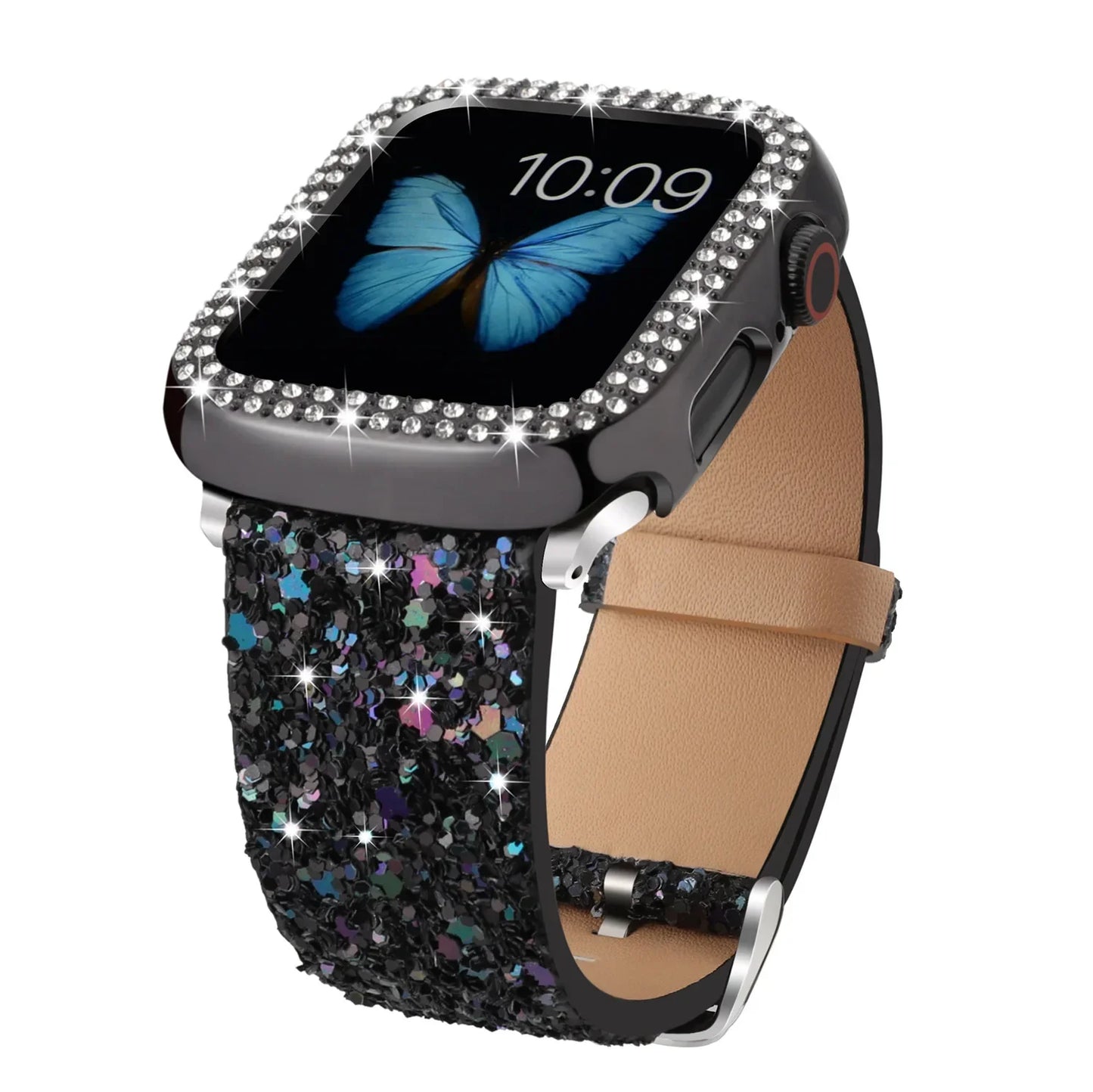 Fashion Shiny Fragments Leather Strap+PC Case for Apple Watch Band iWatch Series Ultra/9/8/7/6/5/4/SE