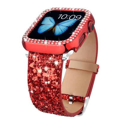 Fashion Shiny Fragments Leather Strap+PC Case for Apple Watch Band iWatch Series Ultra/9/8/7/6/5/4/SE