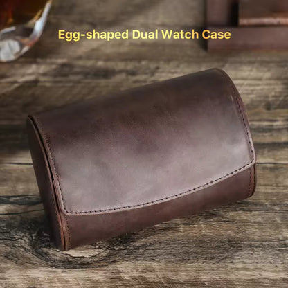Genuine Cowhide Leather 2-Slot Watch Roll Case - Vintage Portable Watch Organizer
