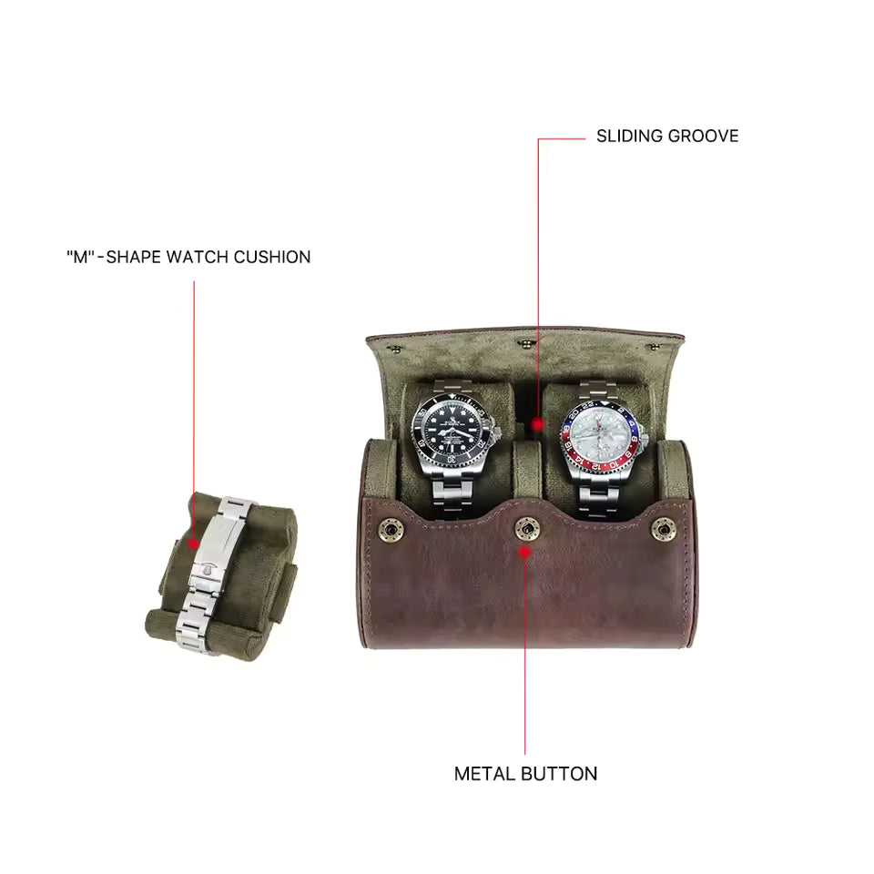 Genuine Cowhide Leather 2-Slot Watch Roll Case - Vintage Portable Watch Organizer