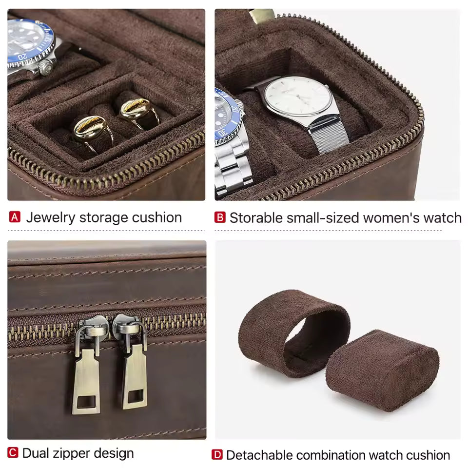 Genuine Leather 3-Grid Jewelry & Watch Box - Travel Portable Storage Gift for Men & Women