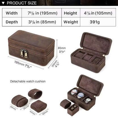 Genuine Leather 3-Grid Jewelry & Watch Box - Travel Portable Storage Gift for Men & Women