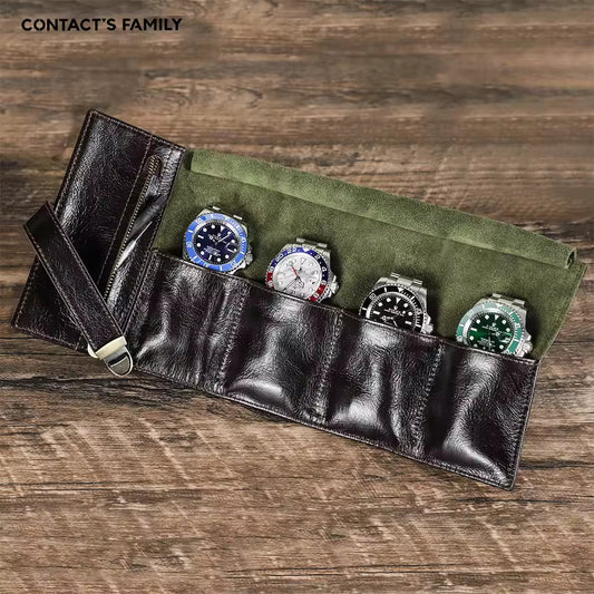 Genuine Leather 4-Slot Watch Case - Portable Travel Watch Roll Pouch