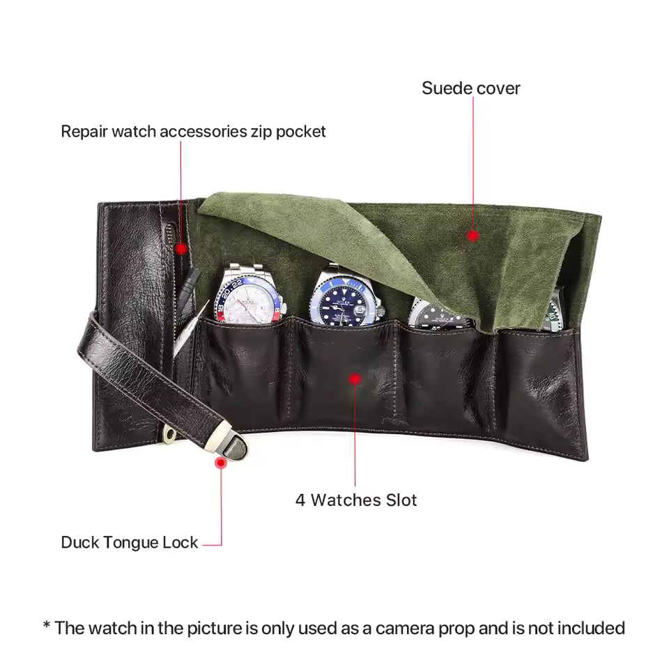 Genuine Leather 4-Slot Watch Case - Portable Travel Watch Roll Pouch