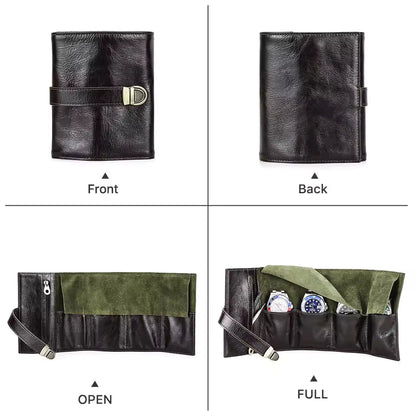 Genuine Leather 4-Slot Watch Case - Portable Travel Watch Roll Pouch