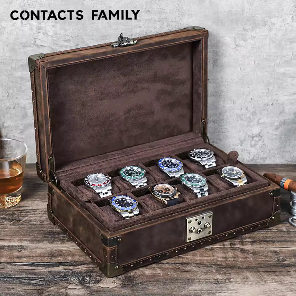 Genuine Leather 8-Slot Watch Box - Large Capacity Removable Cushions Storage Box