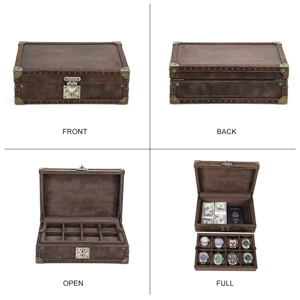 Genuine Leather 8-Slot Watch Box - Large Capacity Removable Cushions Storage Box