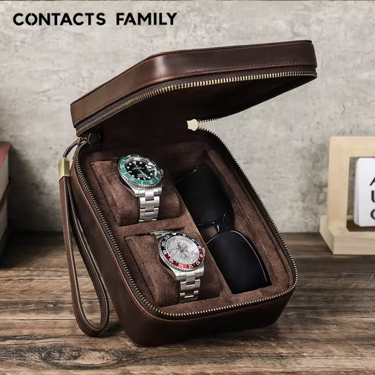 Portable Genuine Leather 2-Slot Sunglasses & Watch Box - Storage Organizer Gift for Watch Lovers