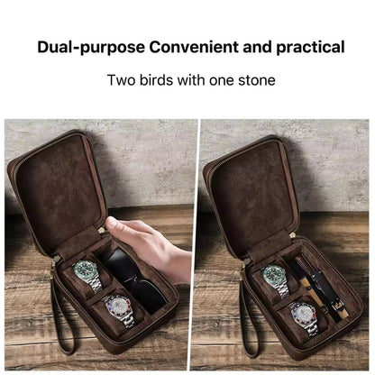 Portable Genuine Leather 2-Slot Sunglasses & Watch Box - Storage Organizer Gift for Watch Lovers