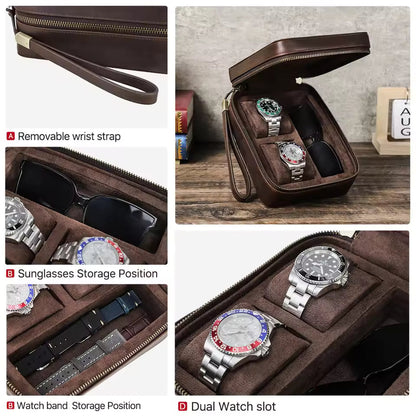 Portable Genuine Leather 2-Slot Sunglasses & Watch Box - Storage Organizer Gift for Watch Lovers
