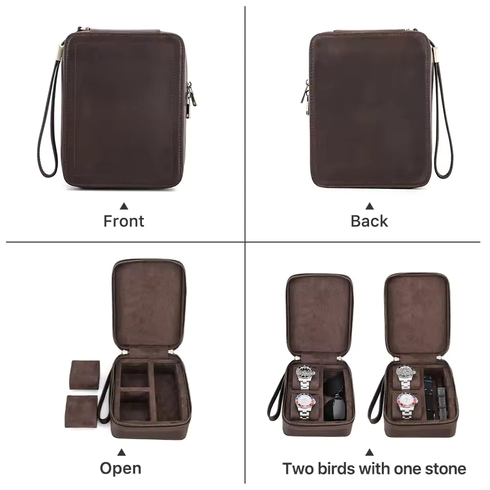 Portable Genuine Leather 2-Slot Sunglasses & Watch Box - Storage Organizer Gift for Watch Lovers