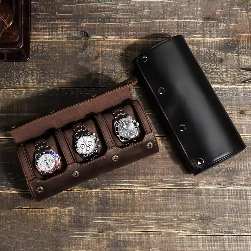 Genuine Leather 1/2/3/4 Slots Watch Roll Case - Travel Portable Watch Case Gift for Men