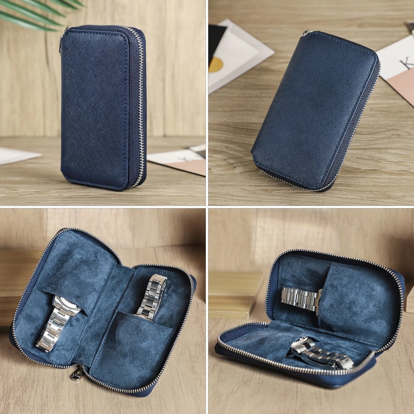 Genuine Saffiano Leather 2-Slot Watch Case - Luxury Travel Watch Organizer for Men & Women
