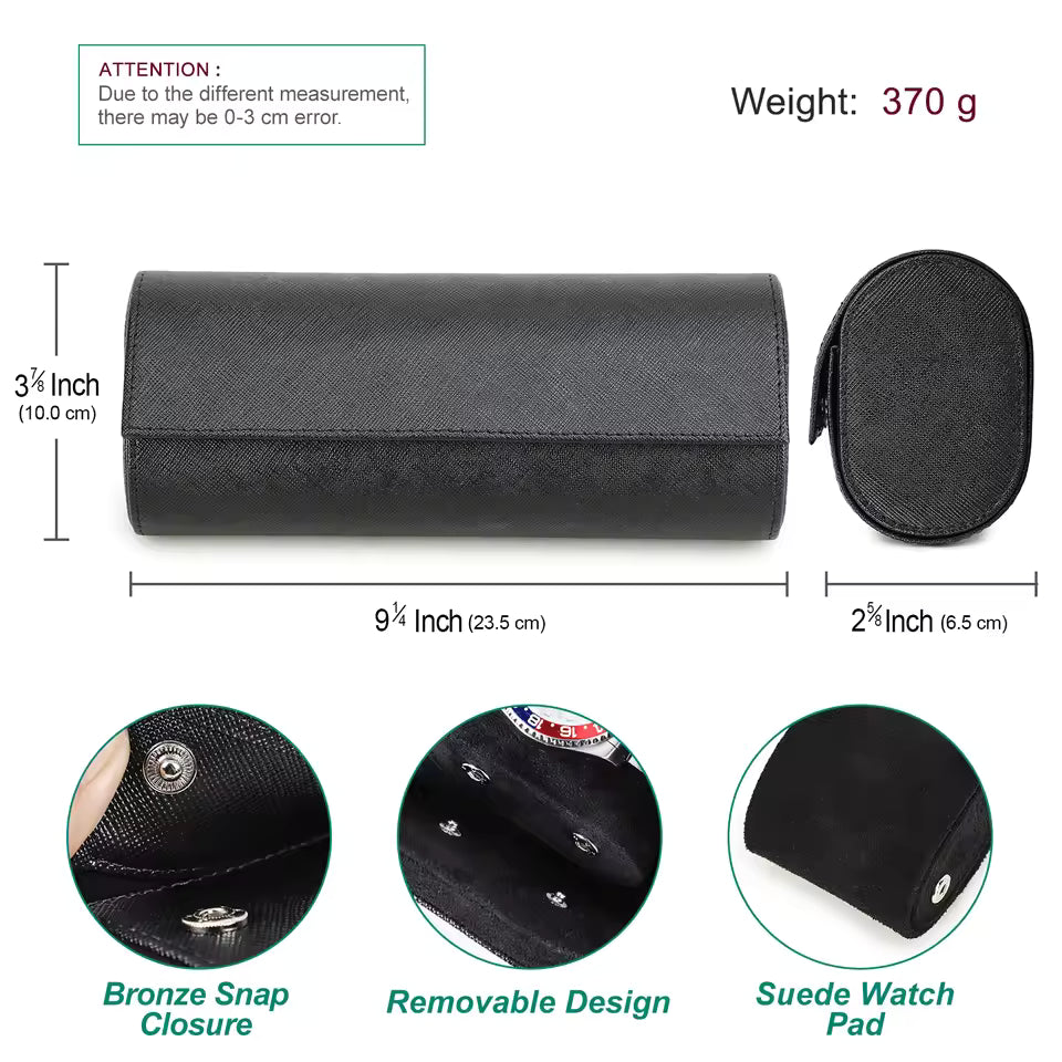Genuine Saffiano Leather 3-Slot Watch Roll Case - Portable Travel Watch Storage Organizer