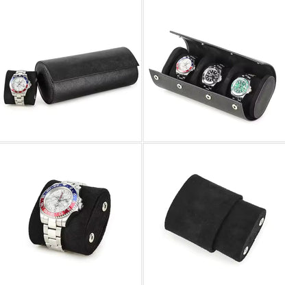 Genuine Saffiano Leather 3-Slot Watch Roll Case - Portable Travel Watch Storage Organizer